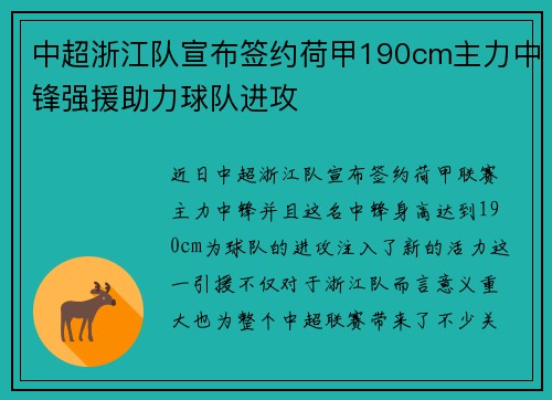中超浙江队宣布签约荷甲190cm主力中锋强援助力球队进攻