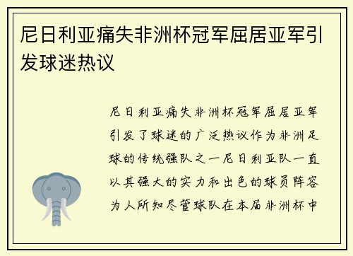 尼日利亚痛失非洲杯冠军屈居亚军引发球迷热议 尼日利亚痛失非洲杯冠军屈居亚军引发球迷热议