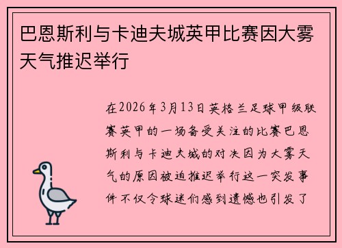 巴恩斯利与卡迪夫城英甲比赛因大雾天气推迟举行 巴恩斯利与卡迪夫城英甲比赛因大雾天气推迟举行